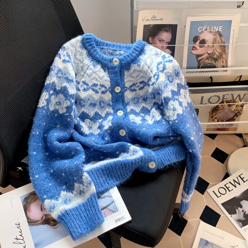 High-Quality Blue Fair Isle Sweater Cardigan for Women, Autumn and Winter Knit Coat, Thickened, Lazy Style, High-End Sweater Top High-Quality Blue Fair Isle Sweater Cardigan for Women, Autumn and Winter Knit Coat, Thickened, Lazy Style, High-End Sweater Top