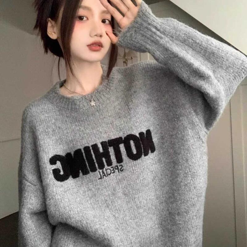 Gray Letter Embroidered Round Neck Long-Sleeved Knitwear for Women in Autumn and Winter Loose-Fitting Bottoming Shirt Pullover Top Outer Wear Sweater Gray Letter Embroidered Round Neck Long-Sleeved Knitwear for Women in Autumn and Winter Loose-Fitting Bottoming Shirt Pullover Top Outer Wear Sweater