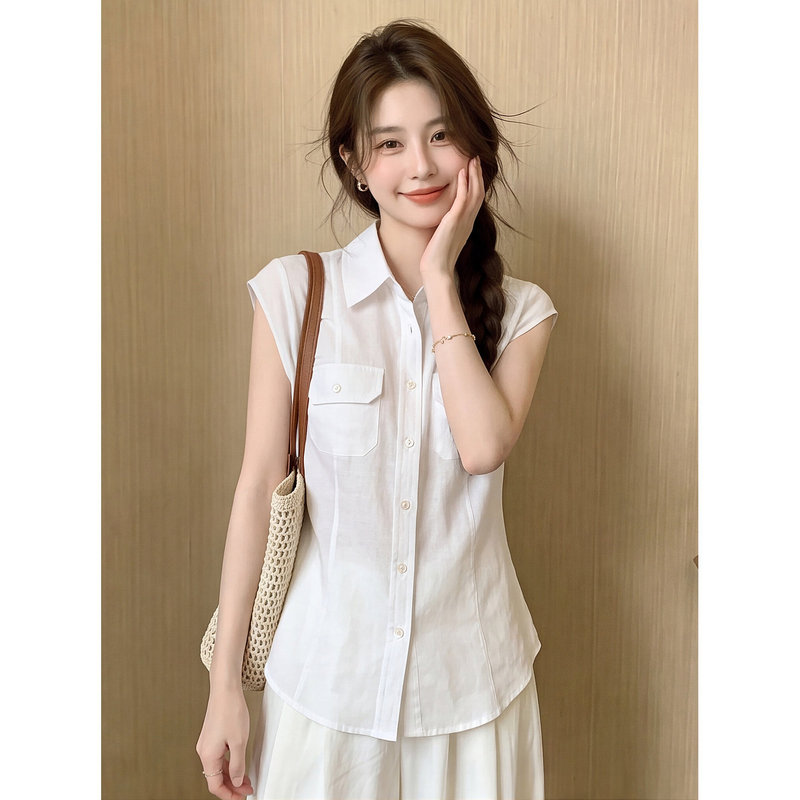 Fresh and Simple White Linen Shirt with Pocket and Turn-Down Collar for Women, New Summer Style, Slimming Design, Elegant Flutter Sleeve Top Fresh and Simple White Linen Shirt with Pocket and Turn-Down Collar for Women, New Summer Style, Slimming Design, Elegant Flutter Sleeve Top