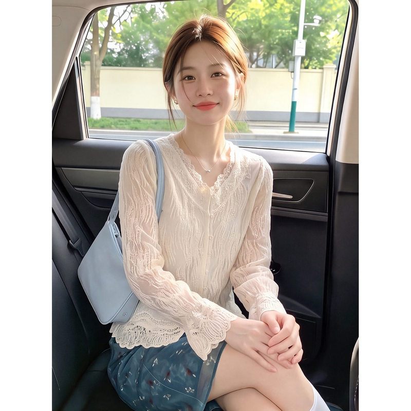 French-Style Gentle Lace Embroidery V-Neck Long-Sleeve Shirt for Women, Autumn Age-Reducing Fashion Loose Slimming Versatile Top