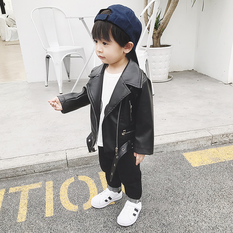 2019 mùa xuân Outfit New Boy Leather Jacket bé Handsome biker bé Air đầu thường sóng.