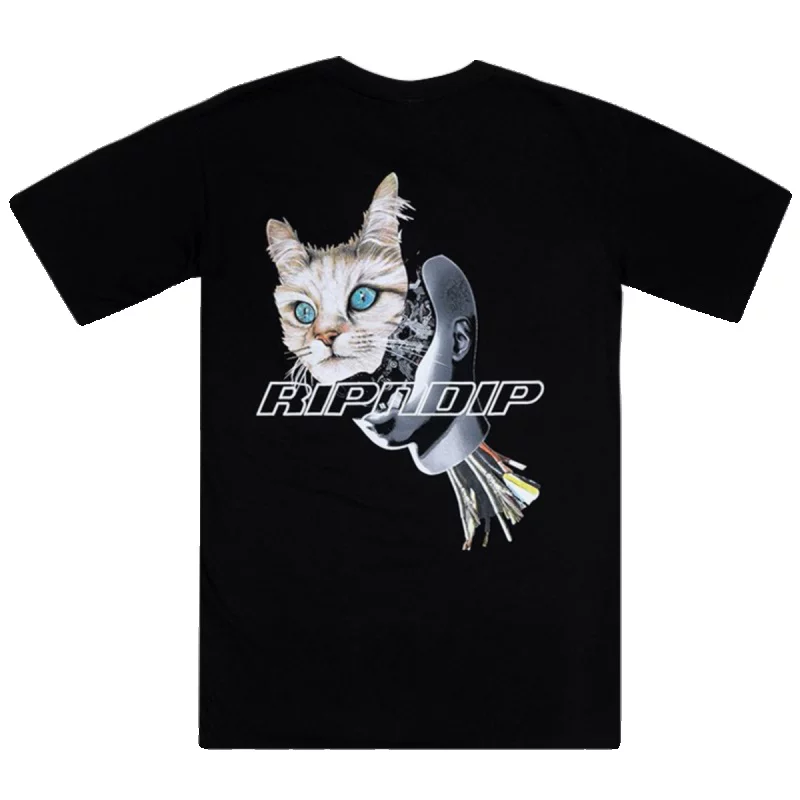 Американский трендовый бренд RIPNDIP сардельная котик средний палец коротким рукавом футболка-подделка киберпанковский кот киборг кот киборг в том же стиле для мужчин и женщин