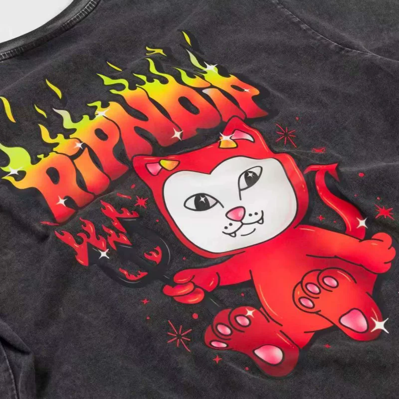 Американский модный бренд RIPNDIP мидл-фингер кот, телёнок демон пламя буква кота 100% хлопок футболка с короткими рукавами