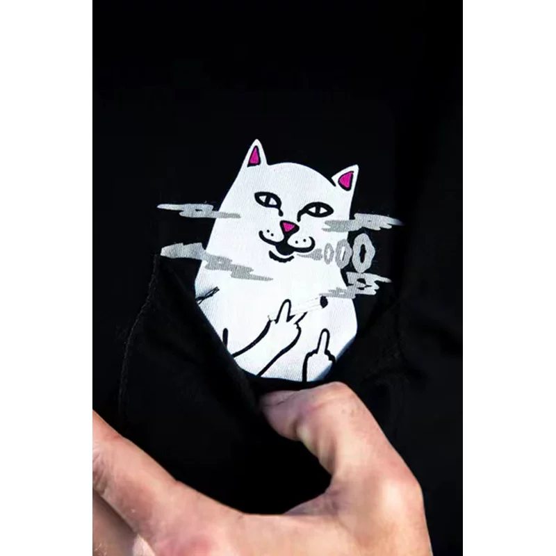 Американский модный бренд RIPNDIP с кошкой на среднем пальце, кошка на короткой майке с карманом для курения, пара кошек