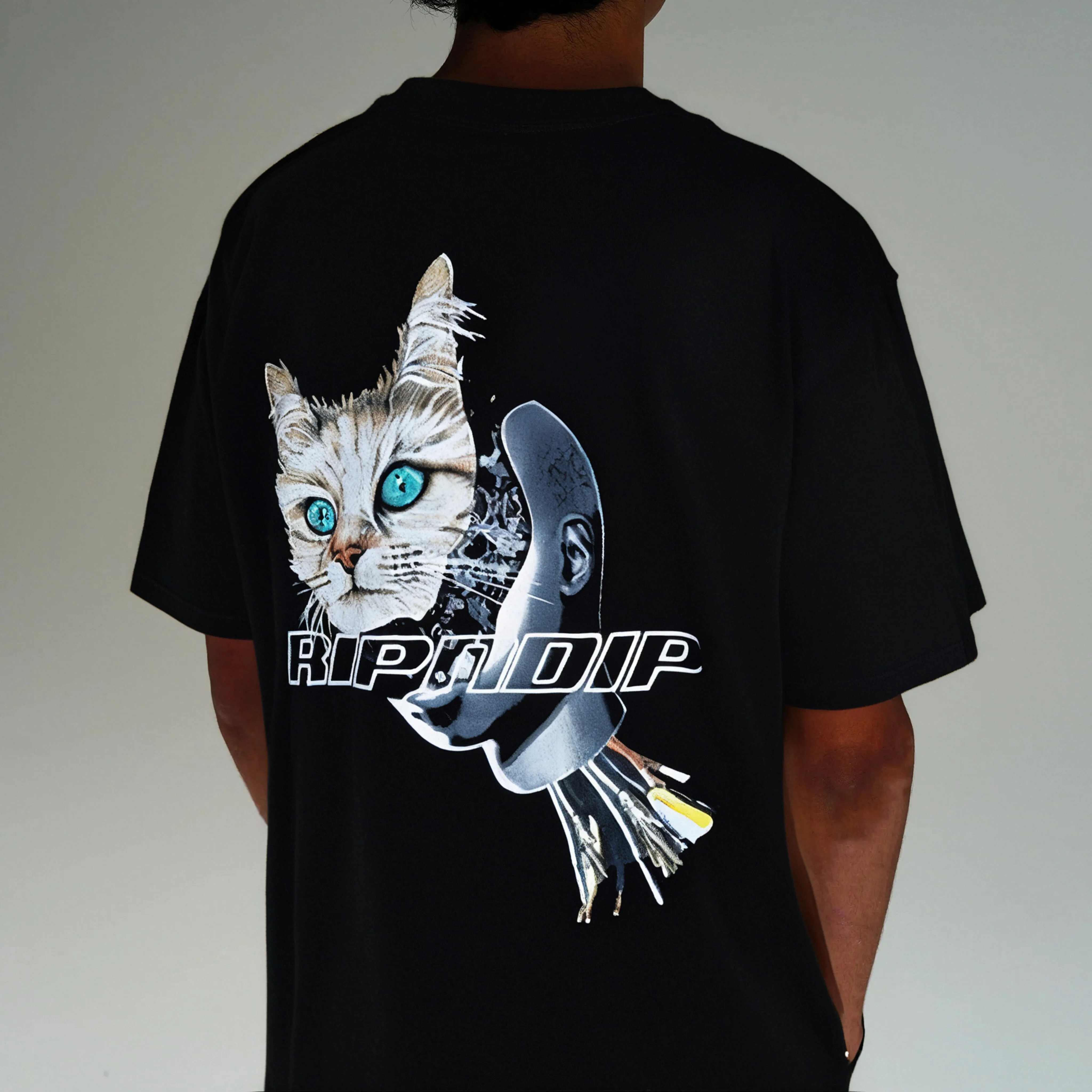Американский трендовый бренд RIPNDIP сардельная котик средний палец коротким рукавом футболка-подделка киберпанковский кот киборг кот киборг в том же стиле для мужчин и женщин