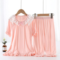 Soft Glutinous Girl CUHK Girl Short Sleeve Home Suit Summer Ice Silk Cool Pyjamas Suit Lace Flower Side Parent-child