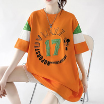 Medium long section large version short sleeve T-shirt female design feeling small crowdsplicing hit color summer dress half sleeve blouse loose big code cotton