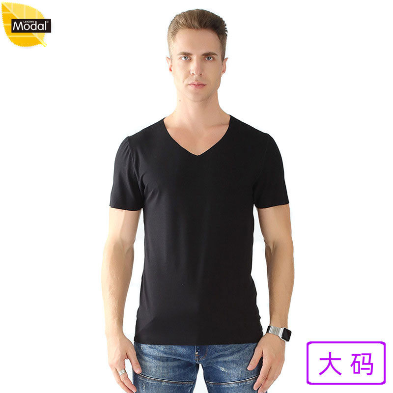 Men's Modal short-sleeved incognito V-neck T-shirt plus fat plus size Fat guy Fat stretch half-sleeve top