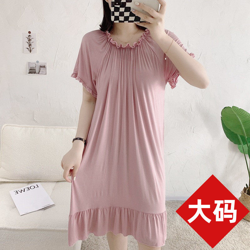Nightdress women's modal dress summer large size round neck elastic fungus edge thin section fat mm loose short-sleeved long dress