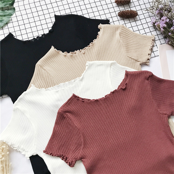 2018 mùa hè mới màu rắn bằng gỗ tai mỏng giảm béo vòng cổ ngắn- tay t- shirt breathable áo len phụ nữ cơ sở áo áo khoác cardigan nữ