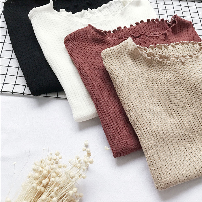 2018 mùa hè mới màu rắn bằng gỗ tai mỏng giảm béo vòng cổ ngắn- tay t- shirt breathable áo len phụ nữ cơ sở áo áo khoác cardigan nữ