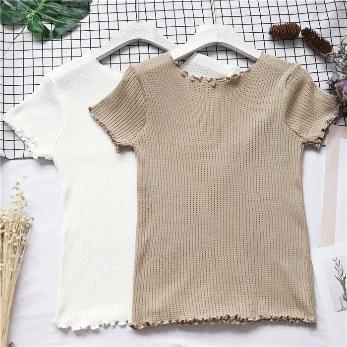 2018 mùa hè mới màu rắn bằng gỗ tai mỏng giảm béo vòng cổ ngắn- tay t- shirt breathable áo len phụ nữ cơ sở áo áo khoác cardigan nữ