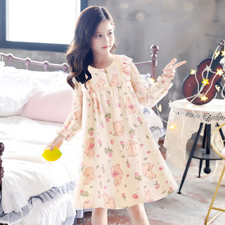 女童长袖中大童棉纱款超萌可爱卡通兔子家居服睡衣睡裙女孩春秋季