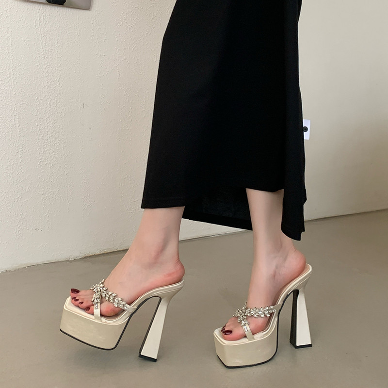 Super High-Heeled Women's Shoes ~ 15cm Sky-High Chunky Heel Model Runway Performance Shoes Cross Rhinestone Waterproof Platform Sandals for Women Super High-Heeled Women's Shoes ~ 15cm Sky-High Chunky Heel Model Runway Performance Shoes Cross Rhinestone Waterproof Platform Sandals for Women
