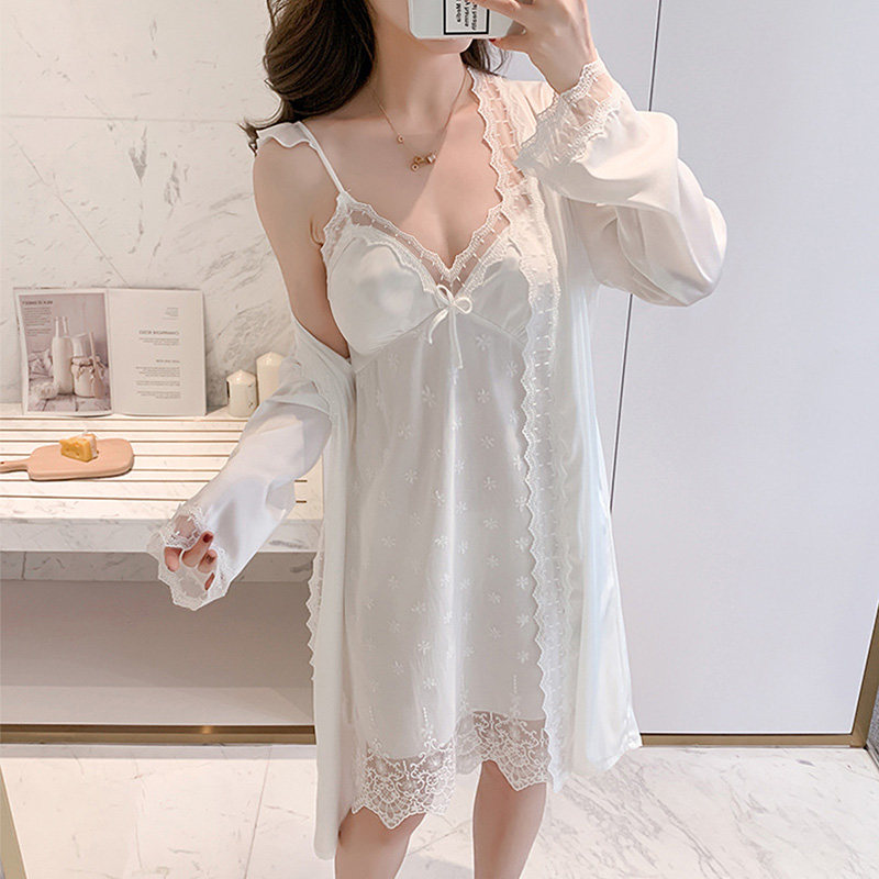 Sleepwear Women's Summer Ice Silk Thin advanced senses 2021 New white lace harness chest cushion Sleeping dress Two sets