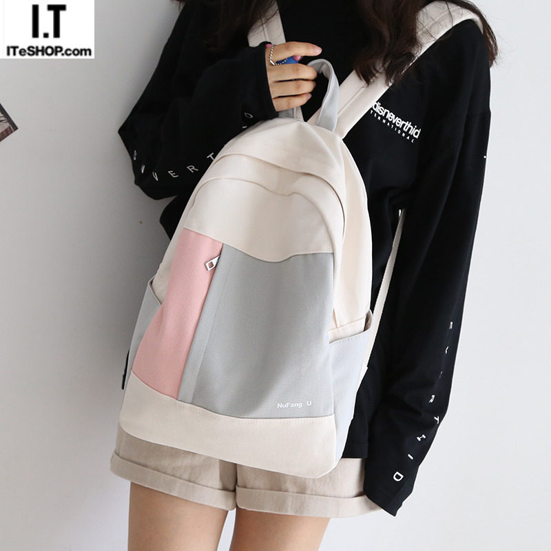 Hong Kong all-match solid color canvas backpack women's schoolbag women's Korean version of the high school student backpack women's backpack