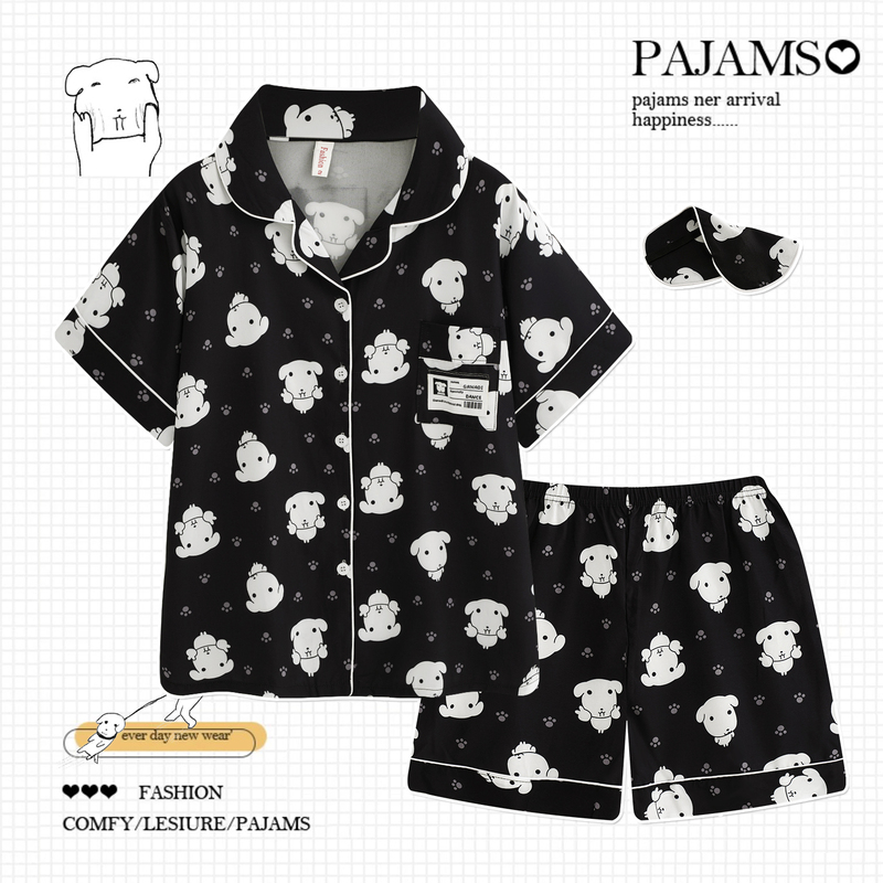 Black Ganadi Puppy Pajamas for Women, Summer Ice Silk Short-Sleeved Thin Cartoon Style, Li Canrong Same Style, Cool Home Wear