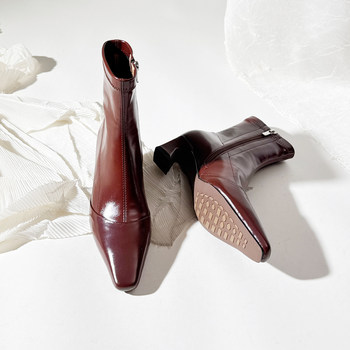 Korean style square head short side zipper thin boots thick heel