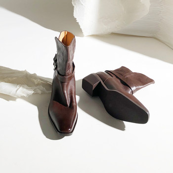 Fashionable square-toe short-barrel belt buckle slip-on fashion boots