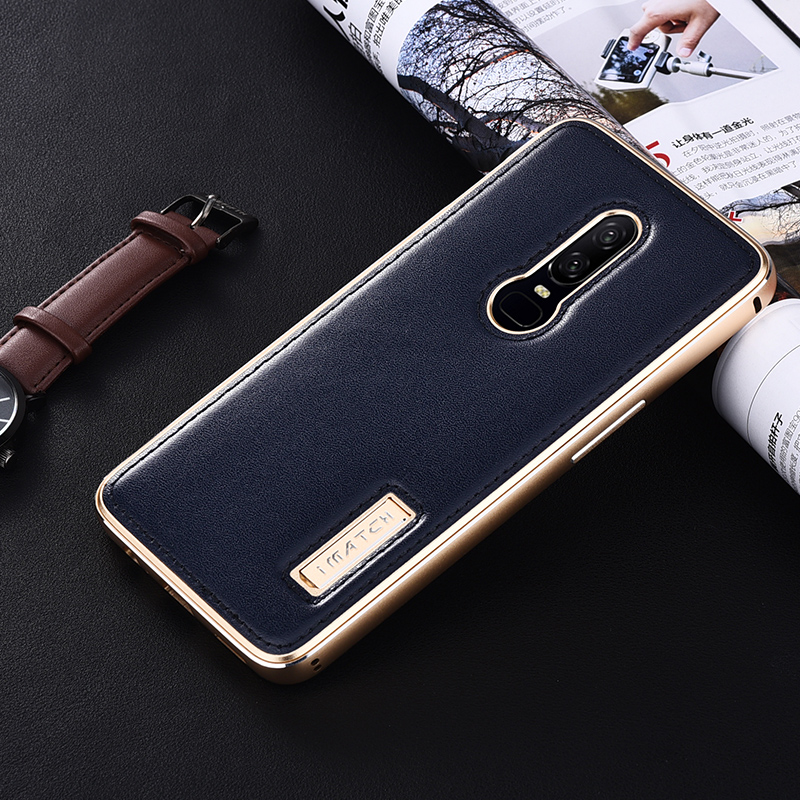 iMatch Luxury Aluminum Metal Bumper Premium Genuine Leather Back Cover Case for OnePlus 6