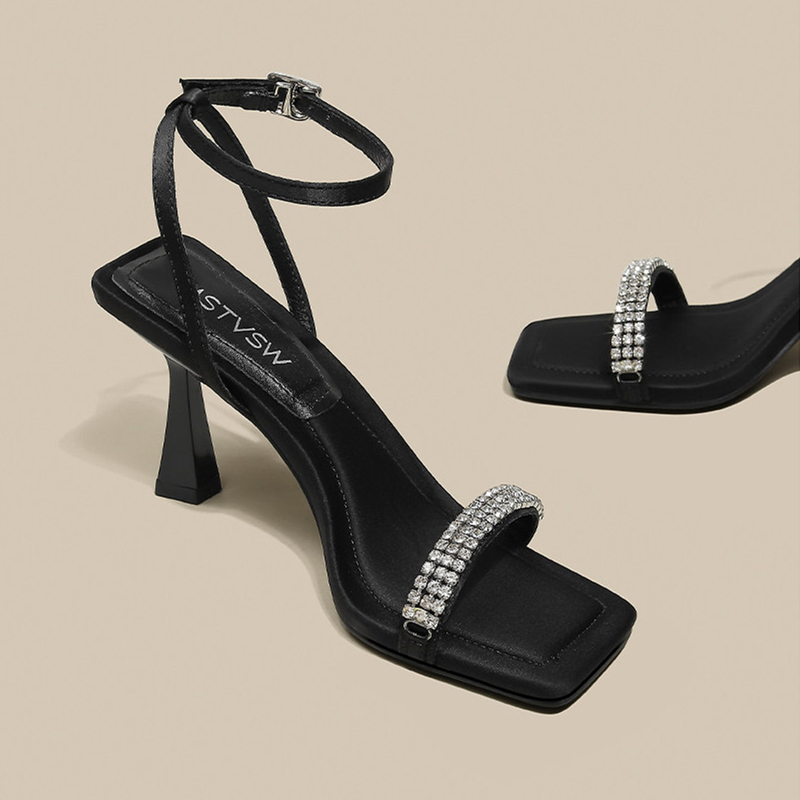 Michael Kimi Square-Toe Sandals with Rhinestones for Women, Summer Black Sexy and Stunning Chunky High Heels