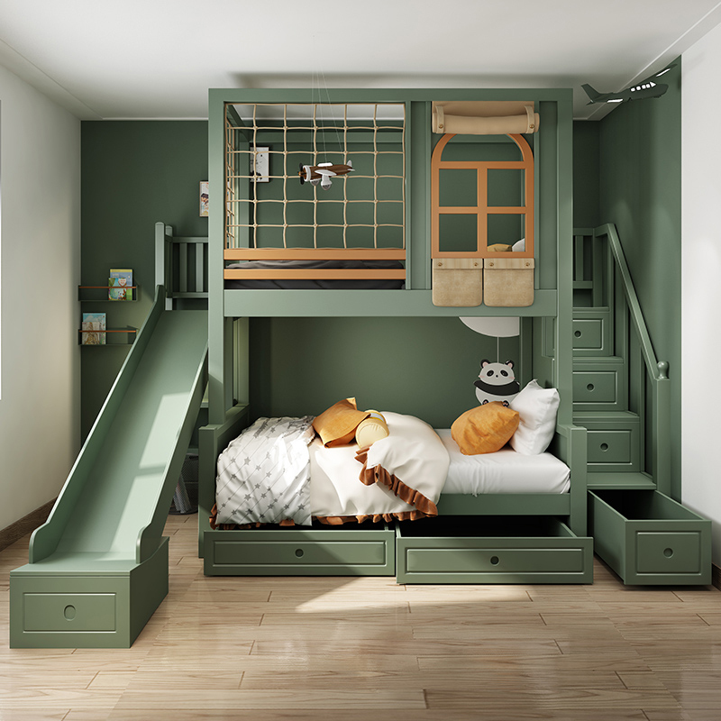 All Solid Wood Children's Bunk Bed Boy Bunk Bed High and Low Bunk Bed High Guardrail Tree House Slide Bed
