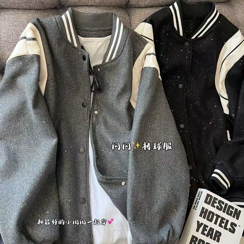 Retro Starry Sky Sparkling Chanel-Style Baseball Jacket with Leather U-Panel Loose Fit for Students and Couples ins Jacket