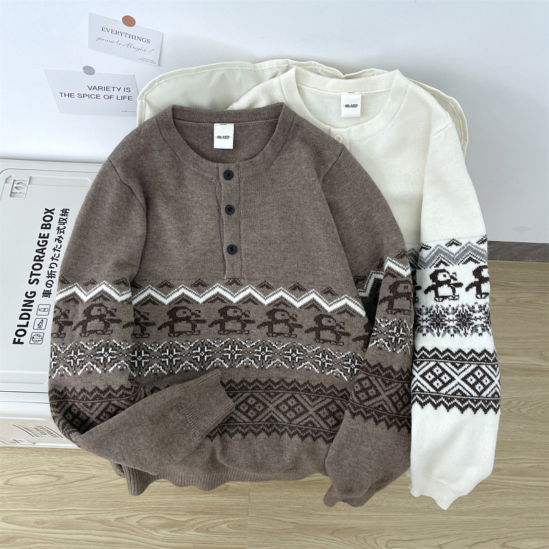 American High Street Christmas Penguin Fair Isle Henry Collar Sweater for Men and Women, Couple Autumn and Winter Lazy High-End Knitwear American High Street Christmas Penguin Fair Isle Henry Collar Sweater for Men and Women, Couple Autumn and Winter Lazy High-End Knitwear