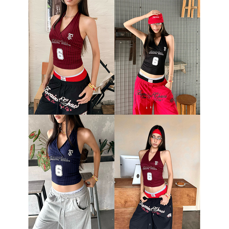 Spicy Hot Girl Jersey with American Style, Sporty Letter Print Halter Neck Tank Top, Slim Fit Street Style Camisole