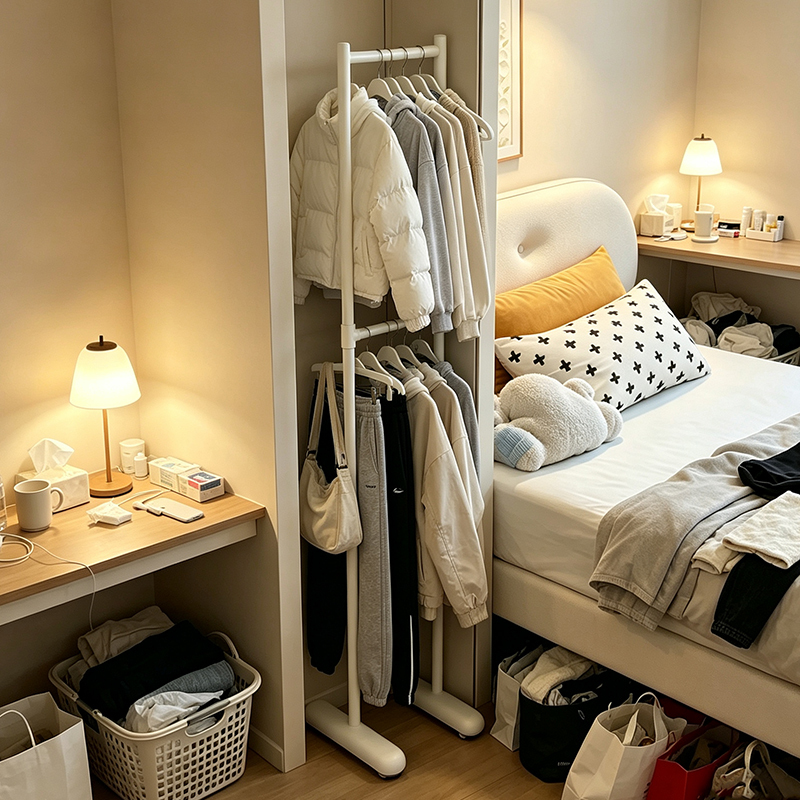 Space-Saving Clothes Rack for the Bedroom, Double-Layer Floor-Standing Clothes Rack, Ultra-Narrow, Does Not Take up Space When Clothes Are Removed, Clothes Drying Rack