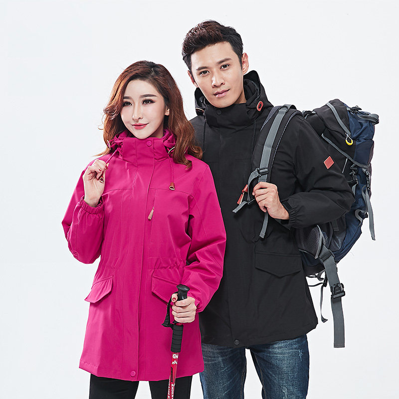 Outdoor charge women's three-in-one detachable two-piece set of Tide brand windproof jacket medium and long version plus velvet mountaineering suit men