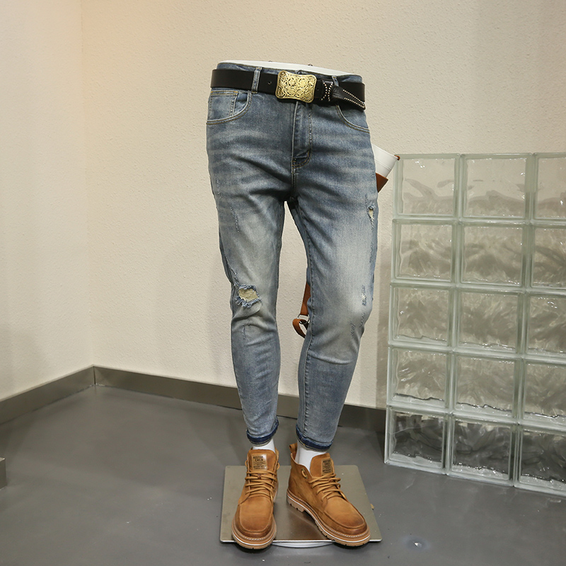 Retro made of old men's broken holes jeans Men's body Little footed jeans Long pants Spring and autumn style Korean version Trend Breaking Pants