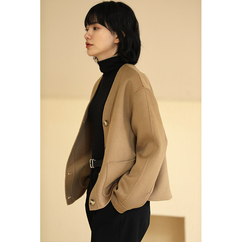 Miss Hatee autumn new small wool camel handmade texture double sides simple short coat coat woman