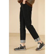 Miss Ha tooth left thin red ear thin velvet flanging free cut straight tube slim fit good version denim trousers winter