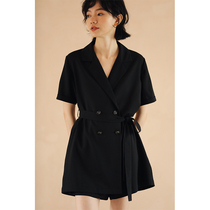 Miss Hadtooth Ai Jia summer thin temperament double-breasted commuter Joker black short sleeve suit one-piece shorts women