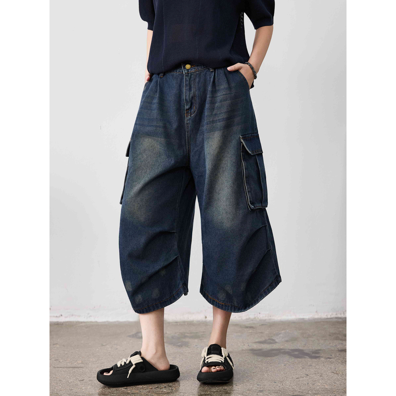 Soybeer American Workwear Style Multi-Pocket Denim Capri Pants for Men and Women, Summer Trendy Loose Wide-Leg Mid-Length Pants