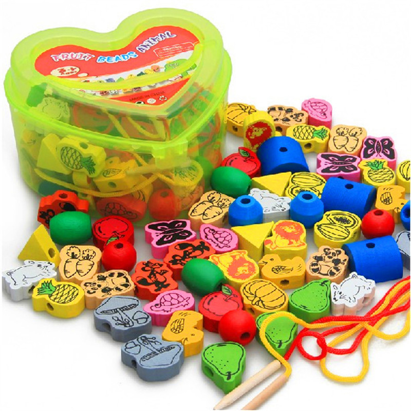 Wooden heart - shaped beads Digital animal fruit string string line toy kindergarten children's teaching tools