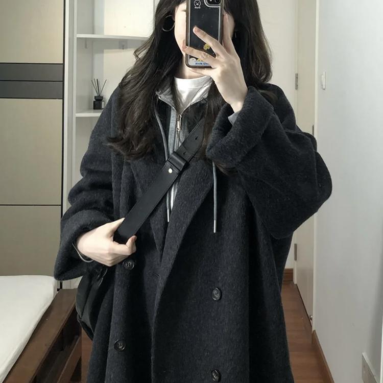 女性用ブラックウールカシミアコート2024冬Sサイズミディアムロングスタイル高級韓国風ルーズウールコート