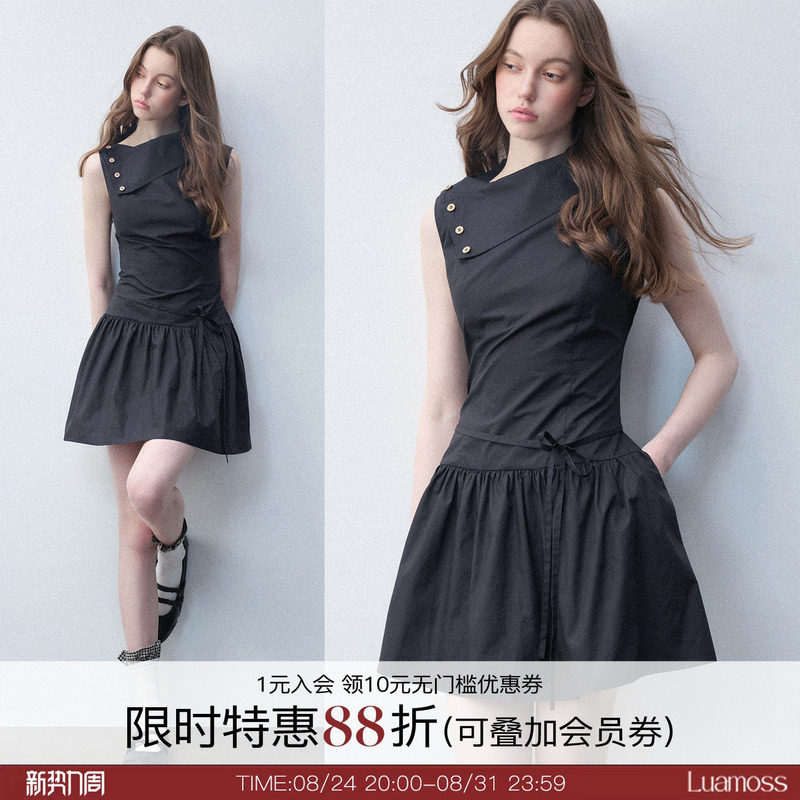 Luamoss'All-Cotton' Hepburn-Style Bias-Cut Shirt Collar Sleeveless Dress for Women, Slimming Design Little Black Dress Luamoss'All-Cotton' Hepburn-Style Bias-Cut Shirt Collar Sleeveless Dress for Women, Slimming Design Little Black Dress
