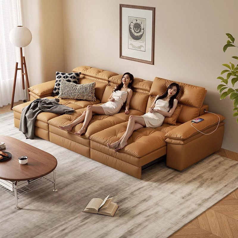 Graikeiser Electric Sofa with Reclining Function, Sofa Bed, Adjustable and Extendable, Top-Grain Leather, Modern Straight-Row Design