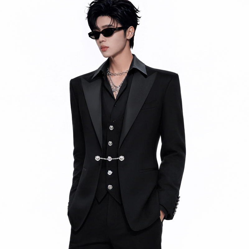 Yanjiestudio Black Peaked Lapel Satin Design Business Banquet Performance Wide Shoulder Waist-Cinching Blazer Yanjiestudio Black Peaked Lapel Satin Design Business Banquet Performance Wide Shoulder Waist-Cinching Blazer