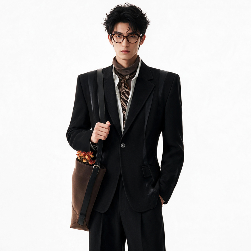 【Yj Derivation】Black Notched Lapel Casual Blazer Men's Suit Jacket Stylish Light Luxury Formal Wear with Satin Patchwork