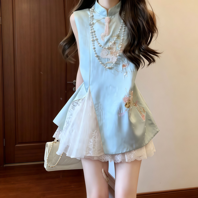 New Chinese-Style Improved Cheongsam Dress for Women 2026 New Summer Embroidered Sleeveless Waist-Cinching Slimming Puff Skirt New Chinese-Style Improved Cheongsam Dress for Women 2026 New Summer Embroidered Sleeveless Waist-Cinching Slimming Puff Skirt