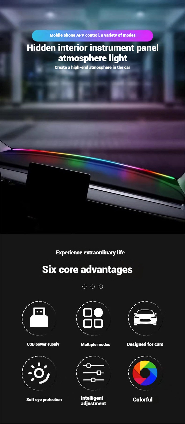 Car Led Front Hidden Soundproof Strip, Colorful Central Control Ambient Light, Remote Control App-Controlled Modified Lighting Strip