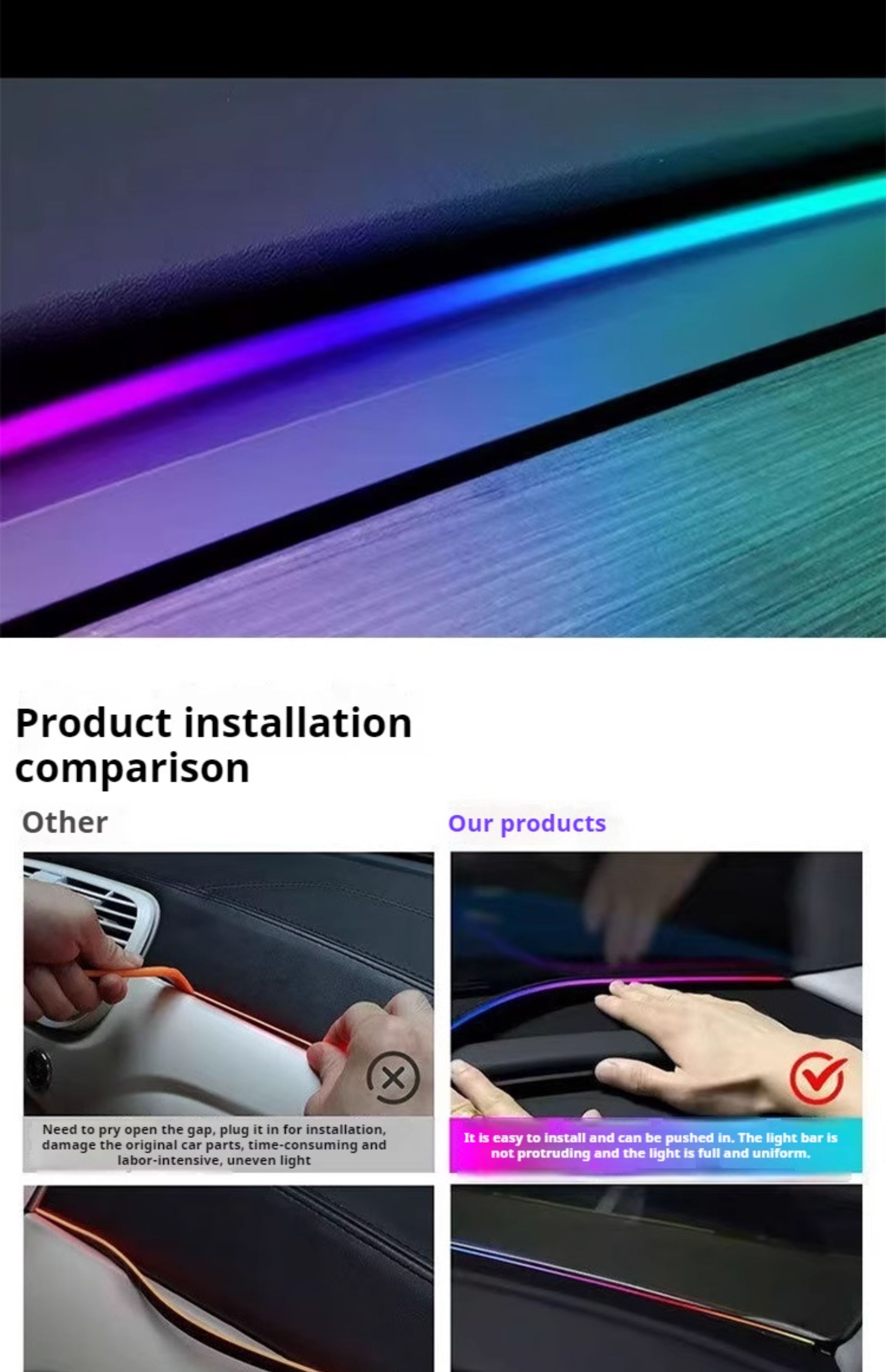 Car Led Front Hidden Soundproof Strip, Colorful Central Control Ambient Light, Remote Control App-Controlled Modified Lighting Strip