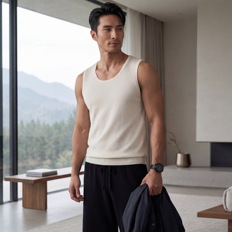 Mengjinge 18-Gauge Fine-Spun 100% Pure Cashmere Men's Knit Vest Undershirt
