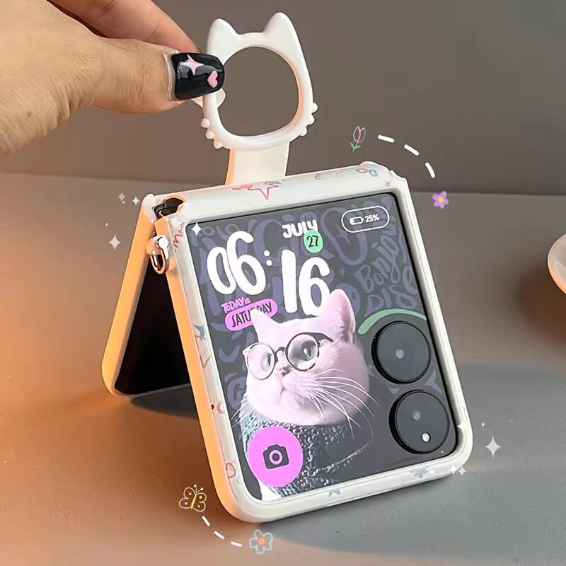 Suitable for Honor Xiaomi Mix Fold Flip2 Phone Case, Little Cat Design, Samsung W25 Leather Texture, Z Flip7 Fe/6 Case, N3 Huawei Pura X Collector's Edition, Nova Flips Ring Holder, Pocket2