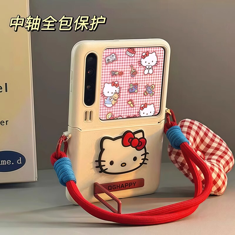 Suitable for Huawei Purax Leather Texture New Pocket2/Skt Cat with Stand Lanyard Crossbody Oppofindn3 Case Honor V Xiaomi Mix Flip2 Protective Case Full-Body Phone Case