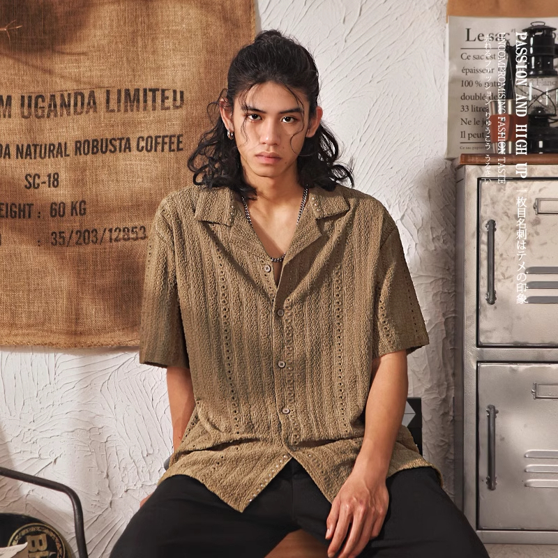 Highly Recommended from Guangzhou Thirteen Rows! 2025 Summer New Men's Short-Sleeved Shirt, American Trendy Brand Hollow-Out Top