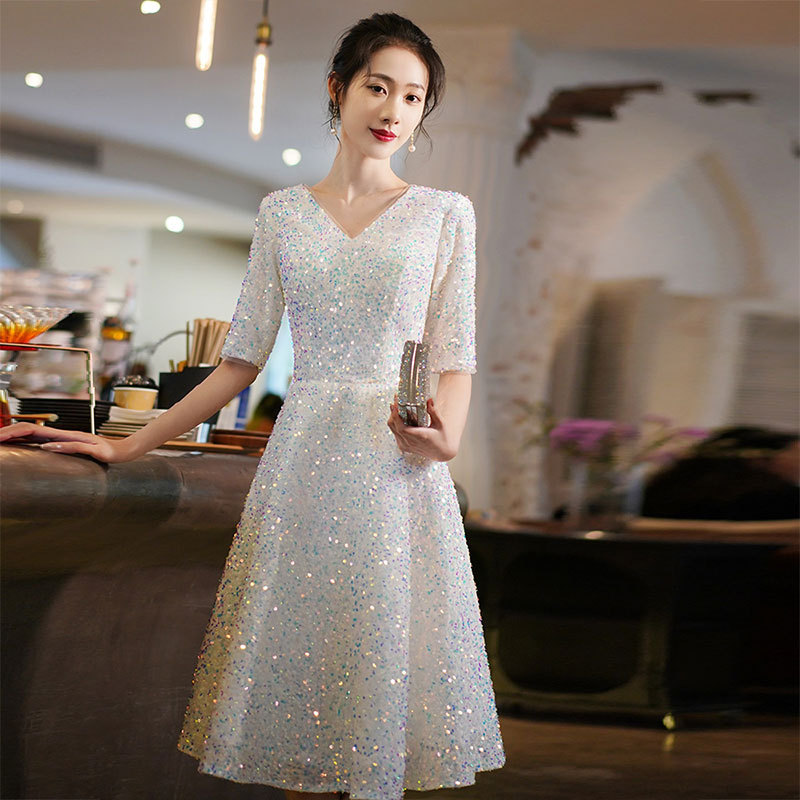 Evening Dress for Women 2022 New Style Banquet Elegant Socialite Fairy-Like V-Neck High-End Petite Sequin Dress